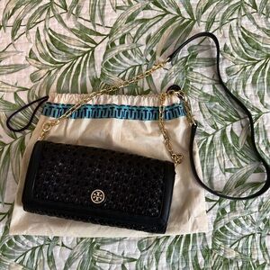 Tory Burch black basketweave leather clutch/crossbody